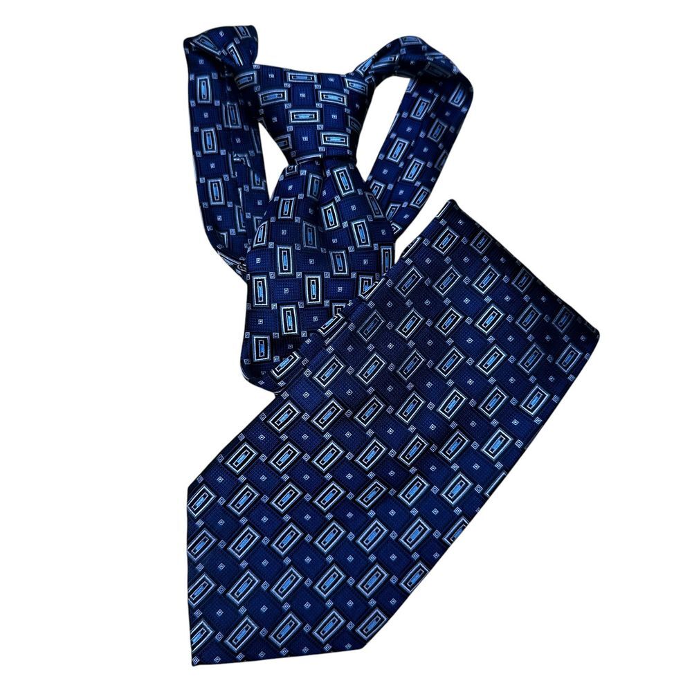 Fabio Fazio , Blue, Geometric  Hand Made, 100% Silk, Men's Neck Tie XL‎
